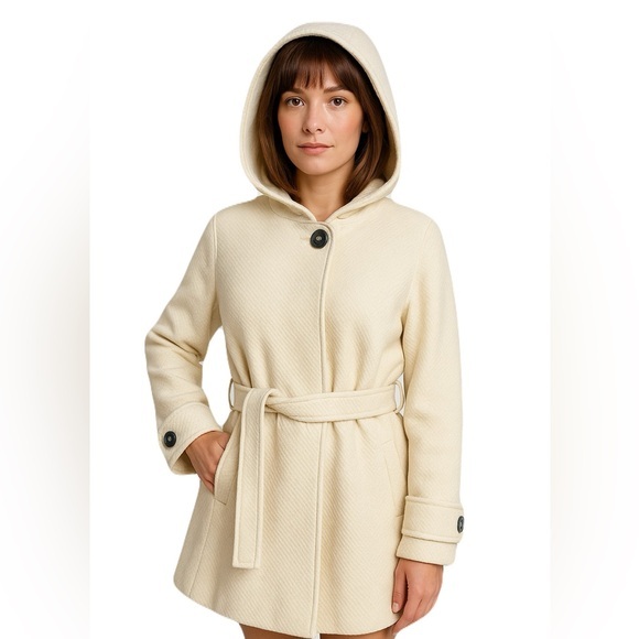 Steve Madden Ivory Hooded Tie Waist Textured Coat - Picture 1 of 17